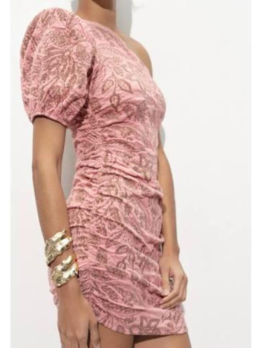 Zara One Shoulder Asymmetric Jacquard Mini Dress Pink Brown Size L BRAND NEW